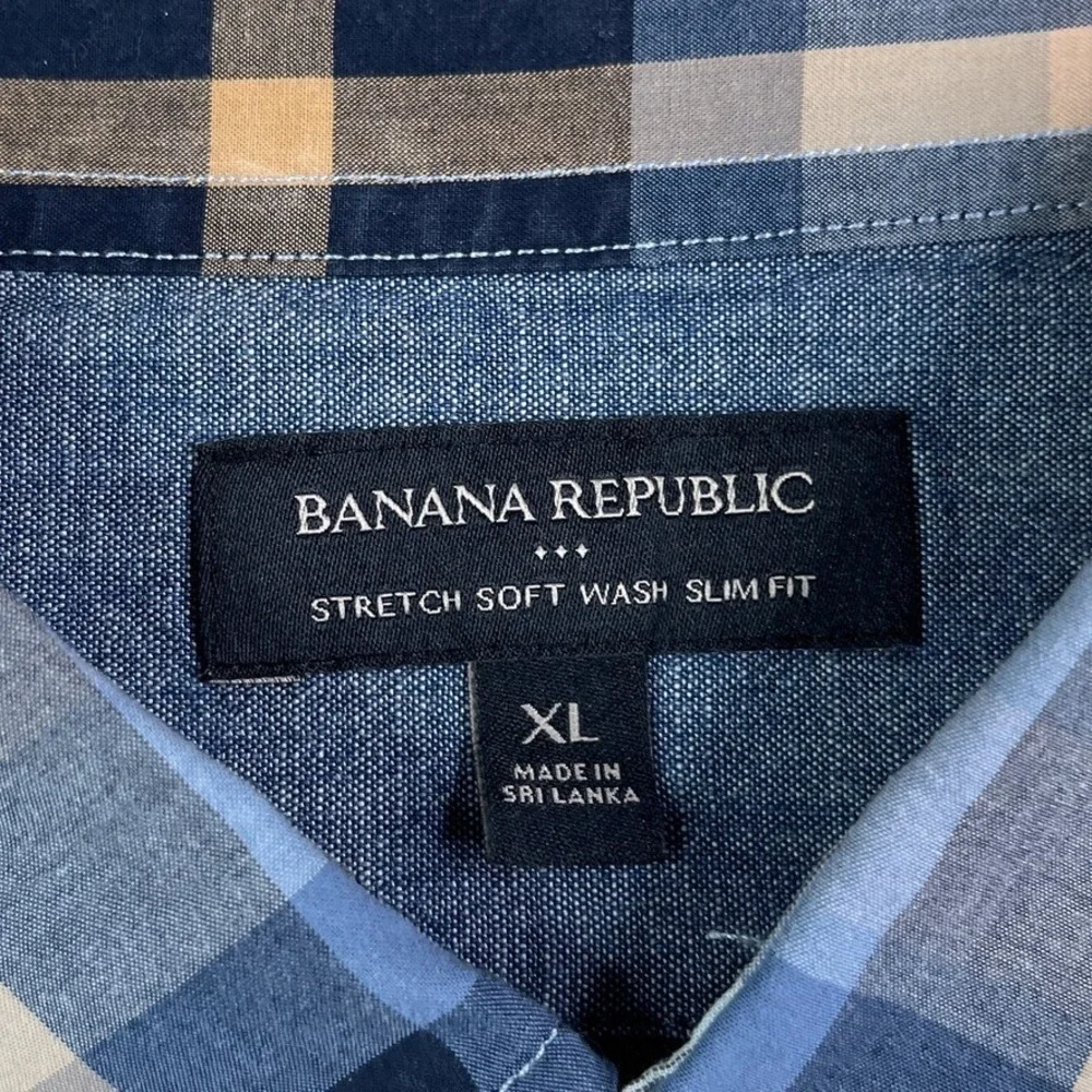Banana Republic Shirt Mens XL Blue Plaid Stretch Soft Wash Slim Fit‎ Button Up